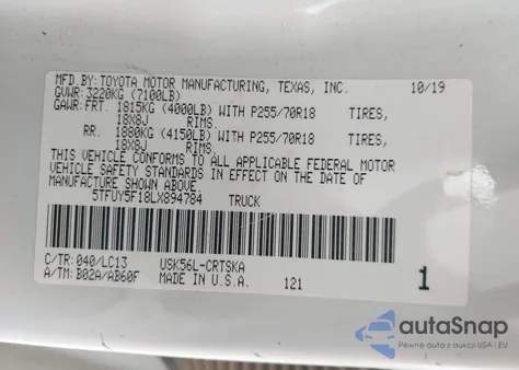 2020 Toyota Tundra Sr из США, поврежденный, VIN 5TFUY5F18LX894784